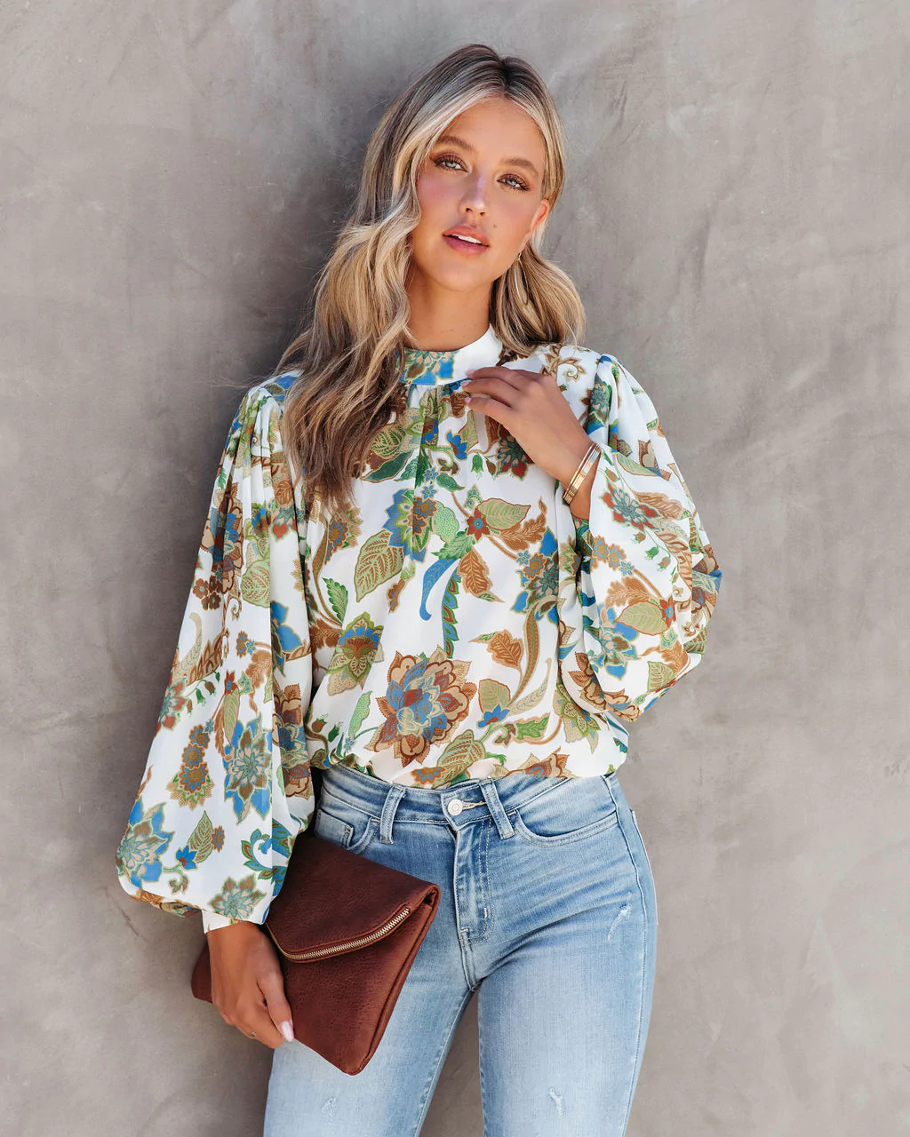 Women Summer Vacation New Women Printed Collar Lantern Sleeve Long Sleeve Shirts
