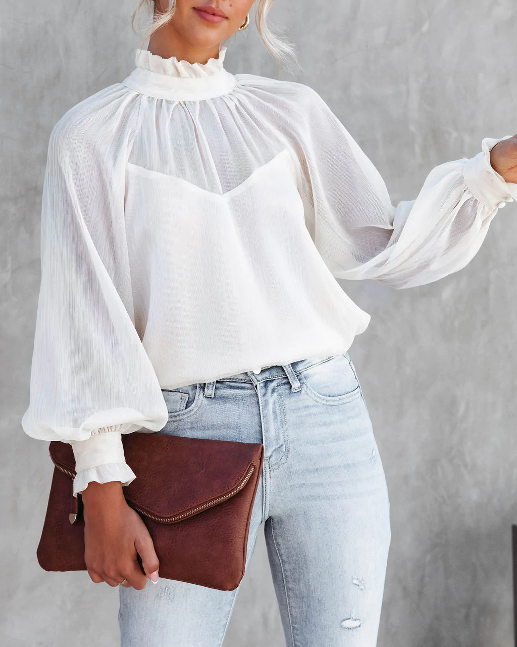 Women Summer Vacation New High Neck Lantern Sleeve Long Sleeve Top