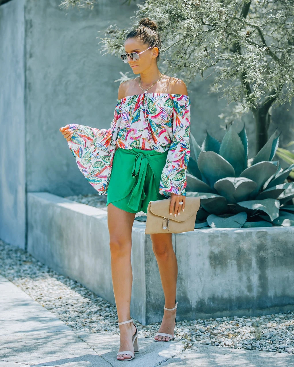 Women Summer Vacation Printed Shoulder Horn Sleeve Strap Joker Top