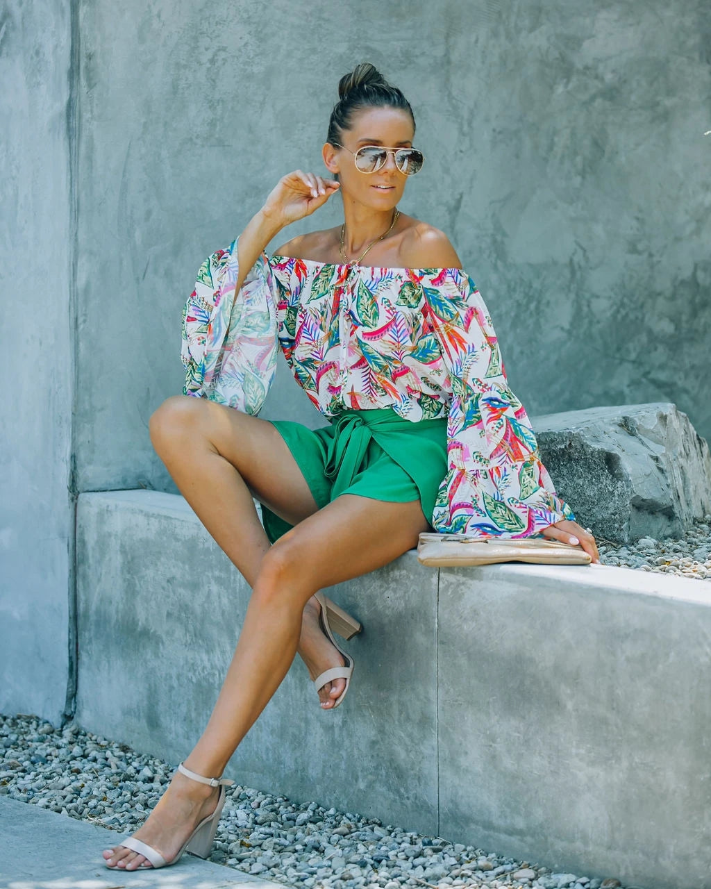 Women Summer Vacation Printed Shoulder Horn Sleeve Strap Joker Top