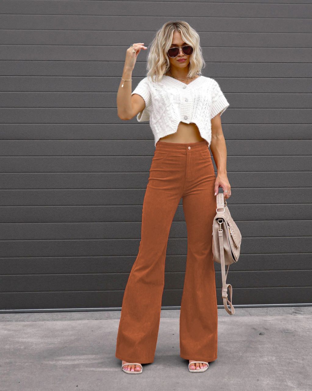 Autumn Solid Color Corduroy Elegant Women Trousers Bootcut Trousers High Waist Casual Pants