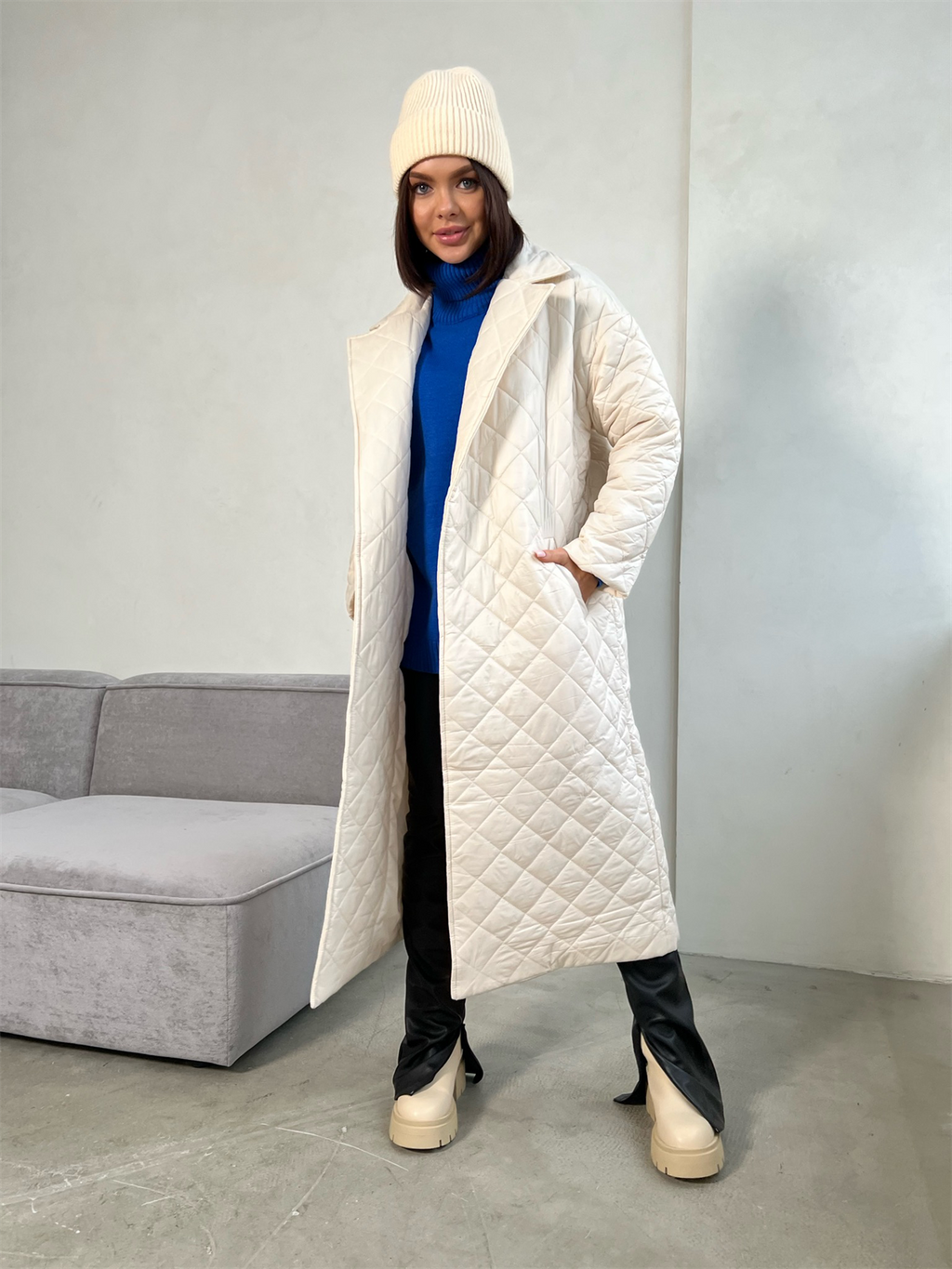 Warm Keeping Cotton Clothing Cotton Padded Coat for Winter Women Rhombus Cotton-Padded Jacket Waist Tight Long Cut Coat Plus Size Coat for Women