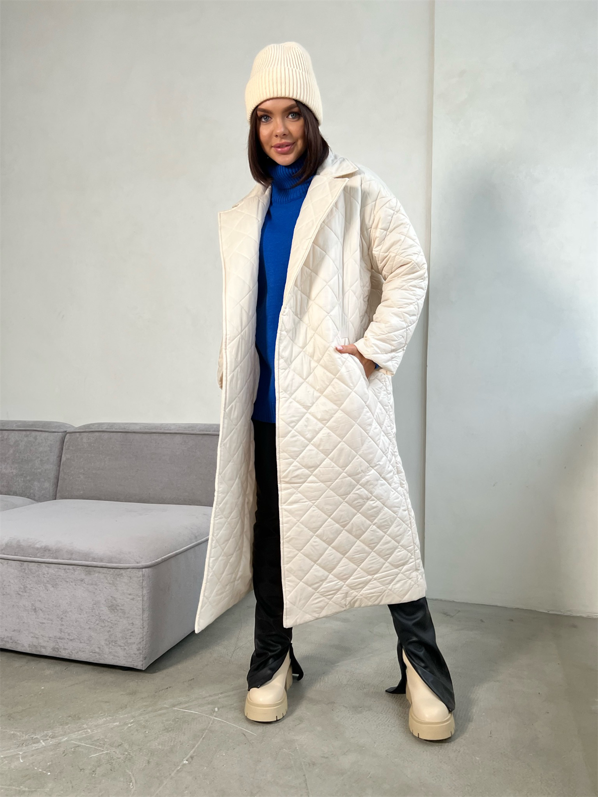 Warm Keeping Cotton Clothing Cotton Padded Coat for Winter Women Rhombus Cotton-Padded Jacket Waist Tight Long Cut Coat Plus Size Coat for Women