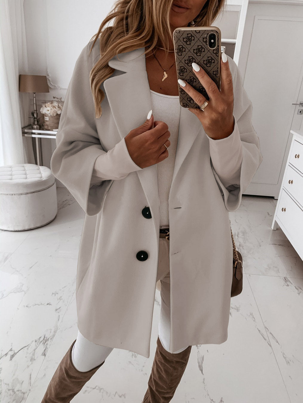 Manteau en laine automne-hiver à manches trois-quarts, col boutonné et poches, vêtements pour femmes