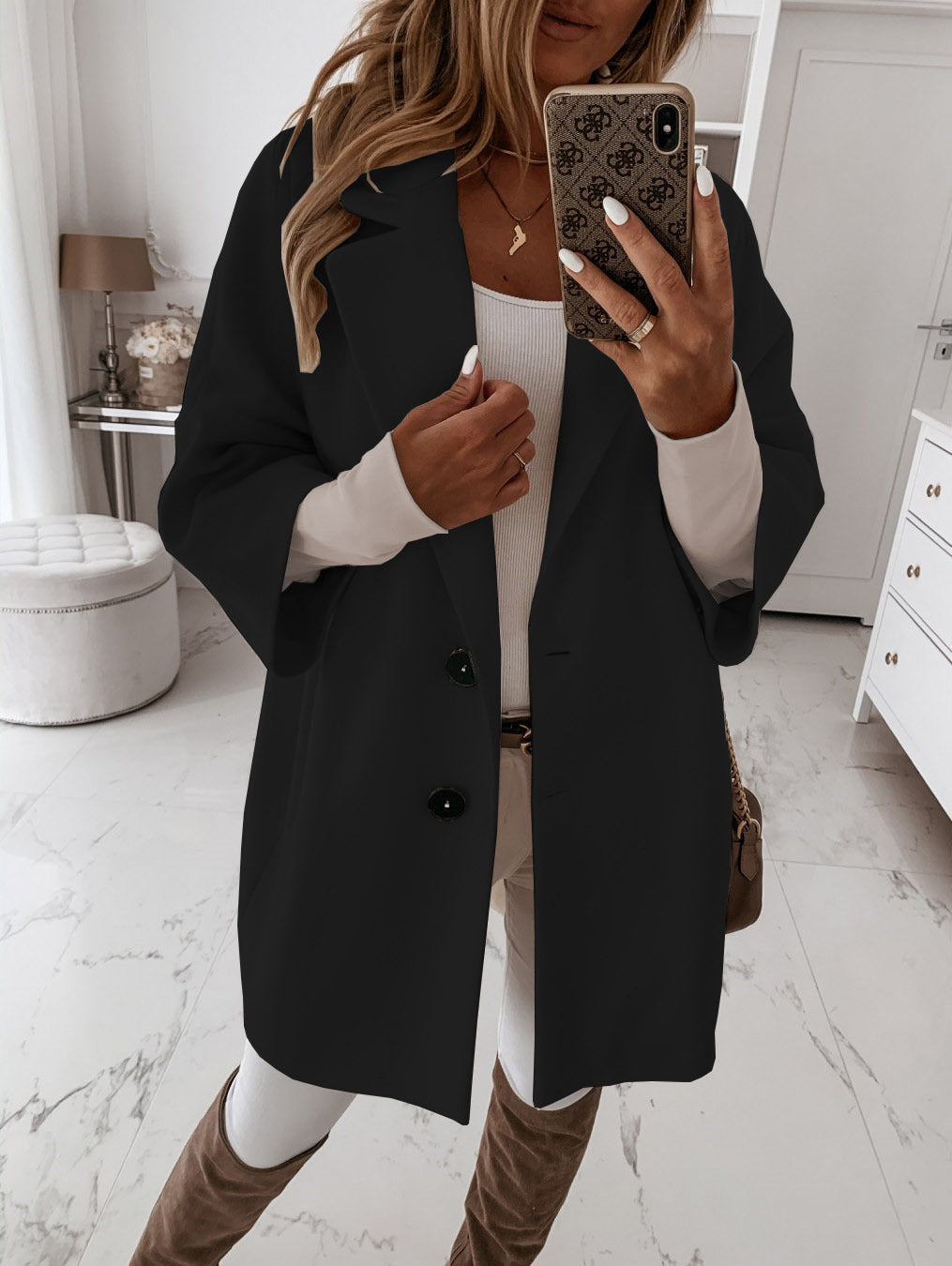 Manteau en laine automne-hiver à manches trois-quarts, col boutonné et poches, vêtements pour femmes