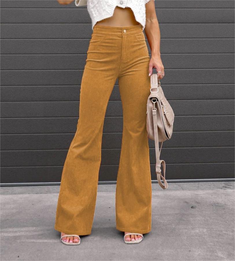 Autumn Solid Color Corduroy Elegant Women Trousers Bootcut Trousers High Waist Casual Pants