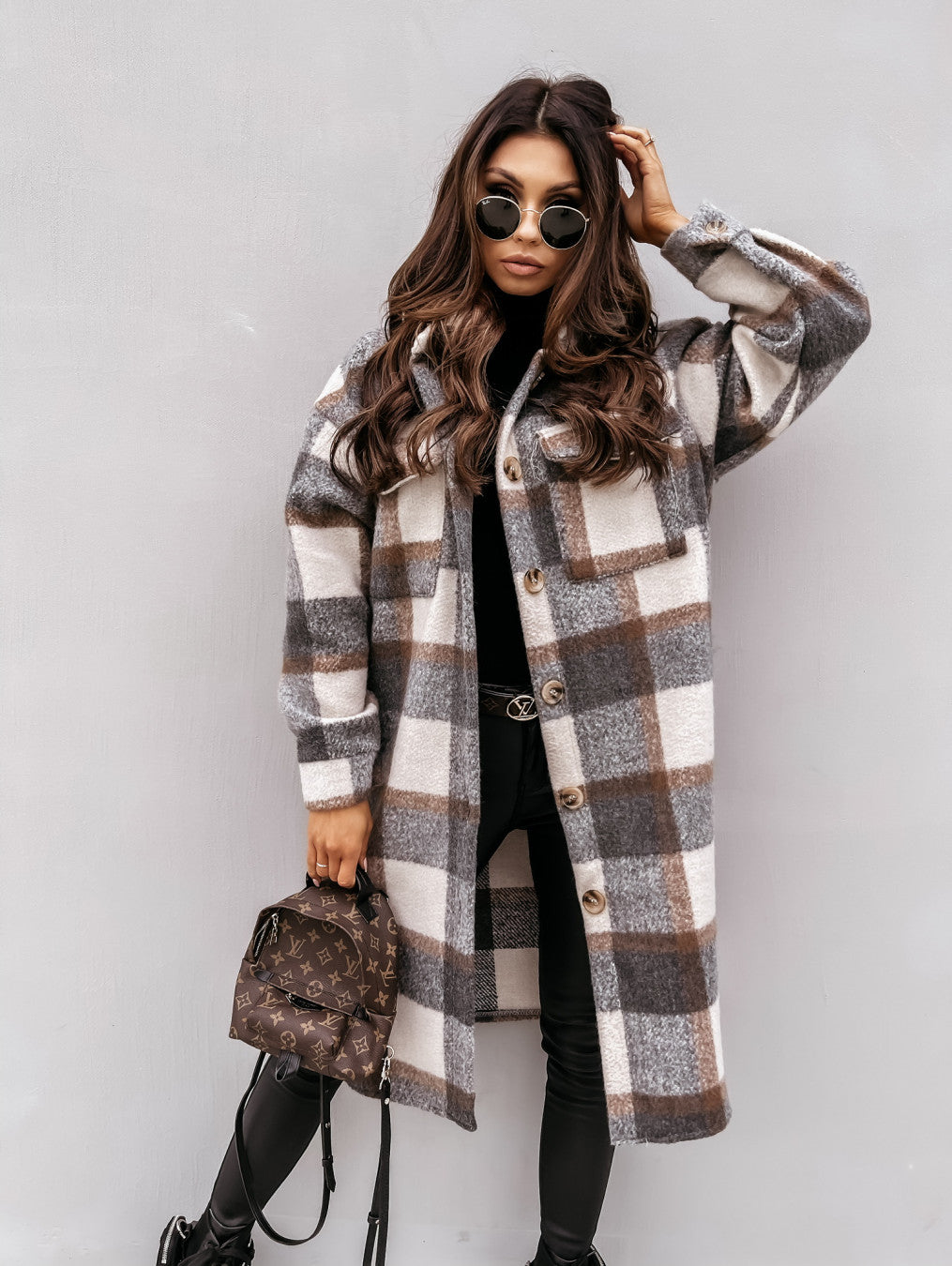 Women New Fall Winter Long Sleeve Long Plaid Printed Shirt Woolen Jacket