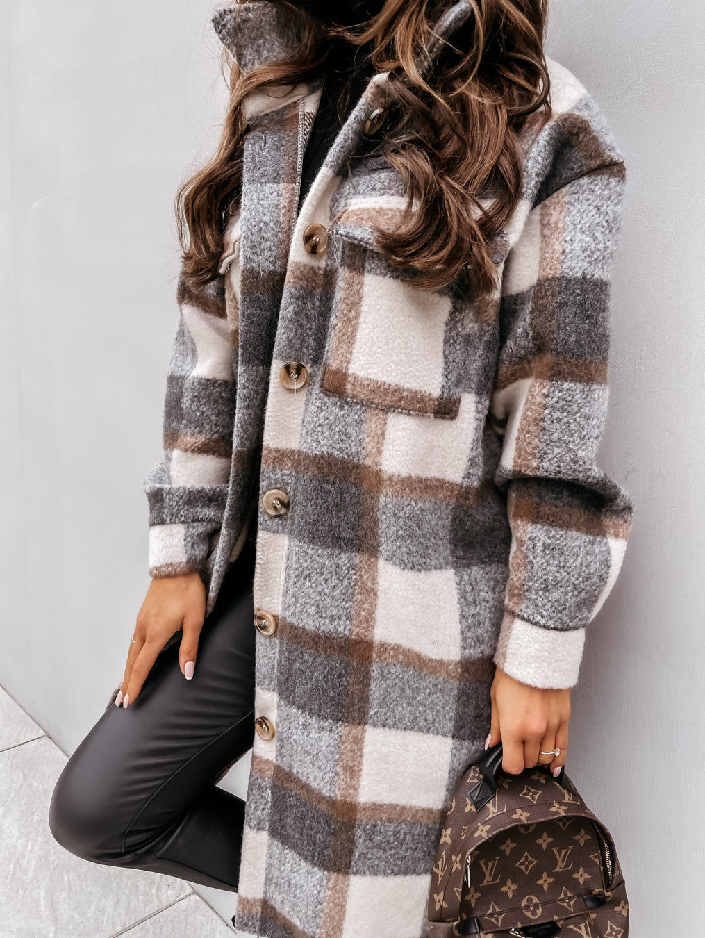 Women New Fall Winter Long Sleeve Long Plaid Printed Shirt Woolen Jacket