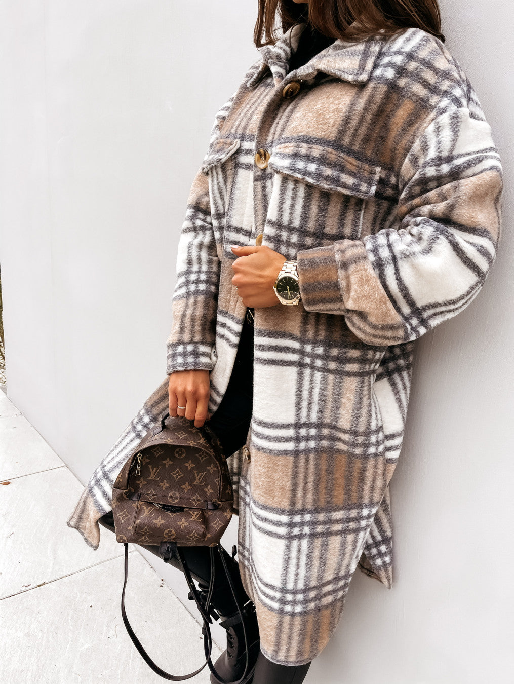 Women New Fall Winter Long Sleeve Long Plaid Printed Shirt Woolen Jacket