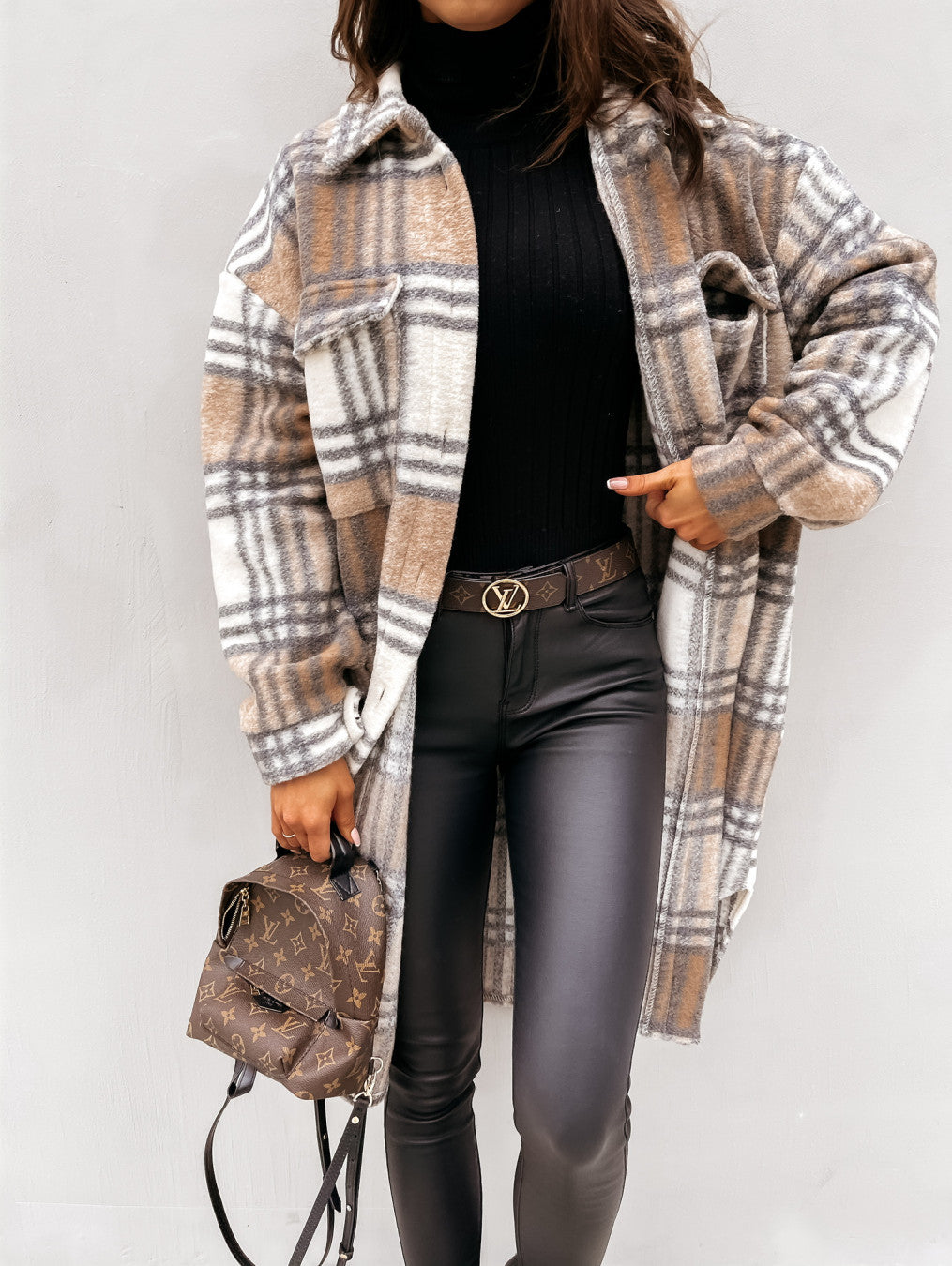 Women New Fall Winter Long Sleeve Long Plaid Printed Shirt Woolen Jacket