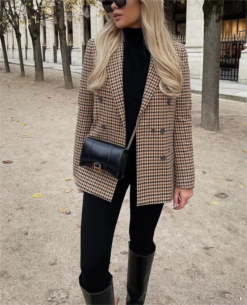 Blazer vintage automne-hiver à simple boutonnage et manches longues à carreaux pour femme, épaulettes rembourrées