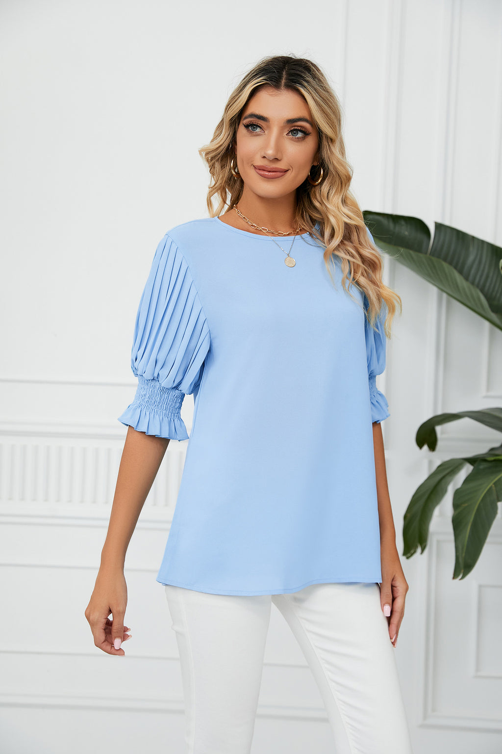 Solid Color round Neck Ruffled Princess Sleeves Loose Chiffon Blouses Women
