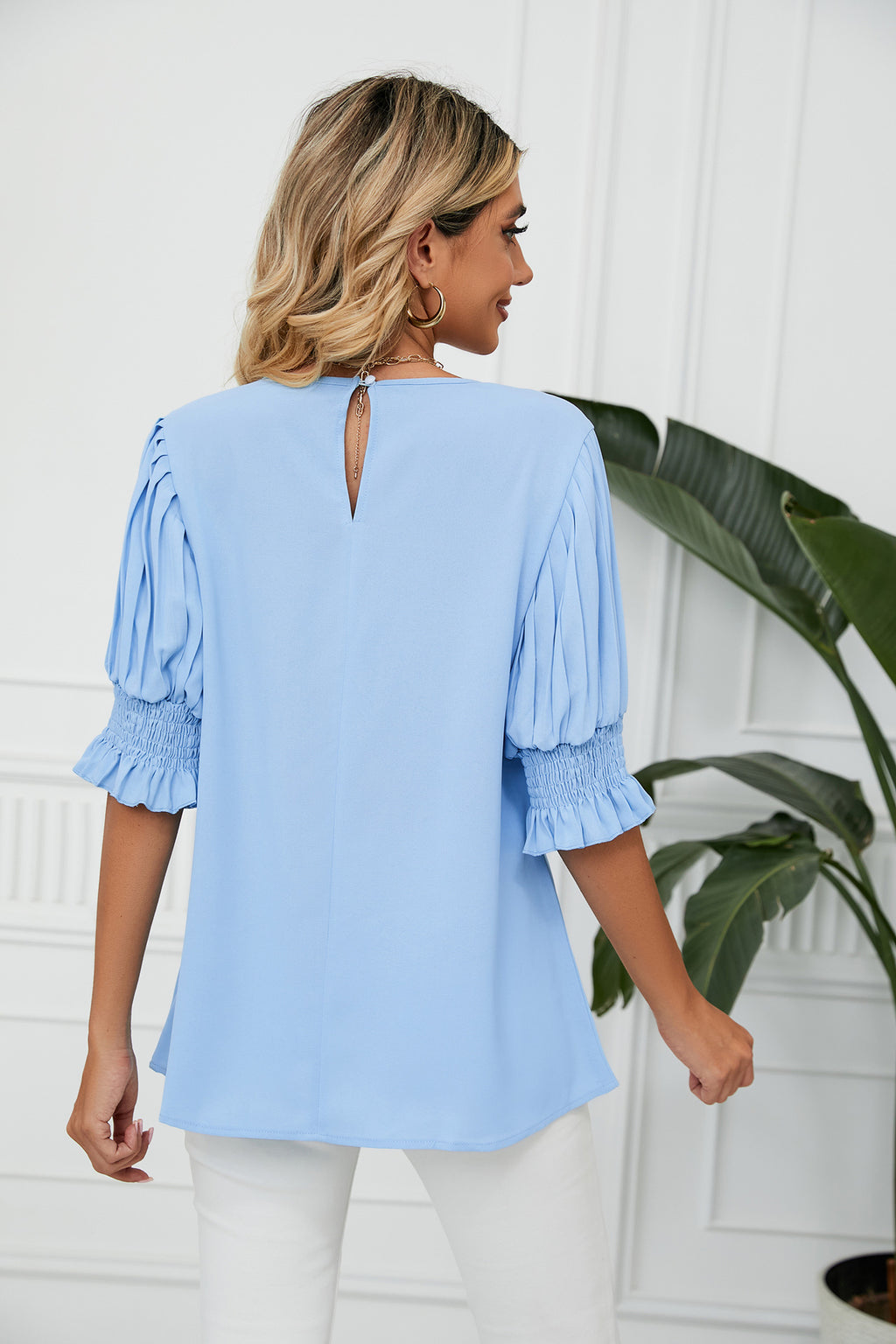 Solid Color round Neck Ruffled Princess Sleeves Loose Chiffon Blouses Women