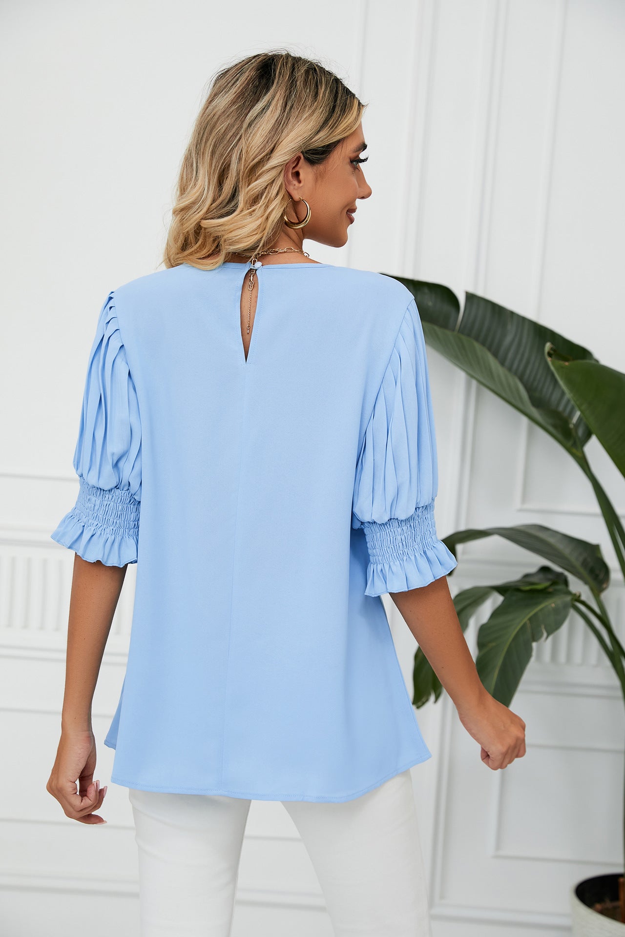 Solid Color round Neck Ruffled Princess Sleeves Loose Chiffon Blouses Women