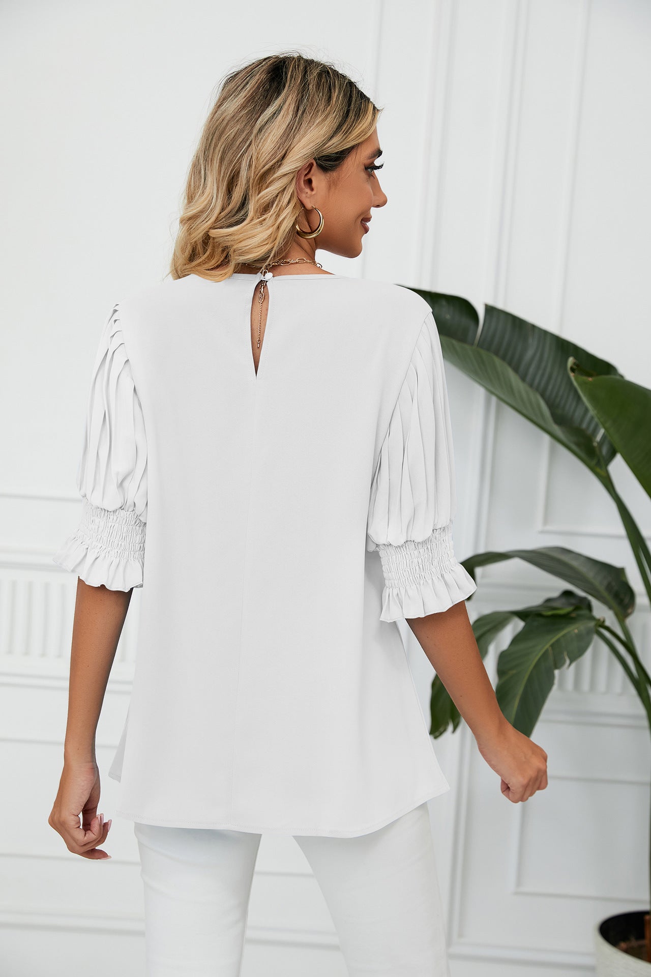 Solid Color round Neck Ruffled Princess Sleeves Loose Chiffon Blouses Women