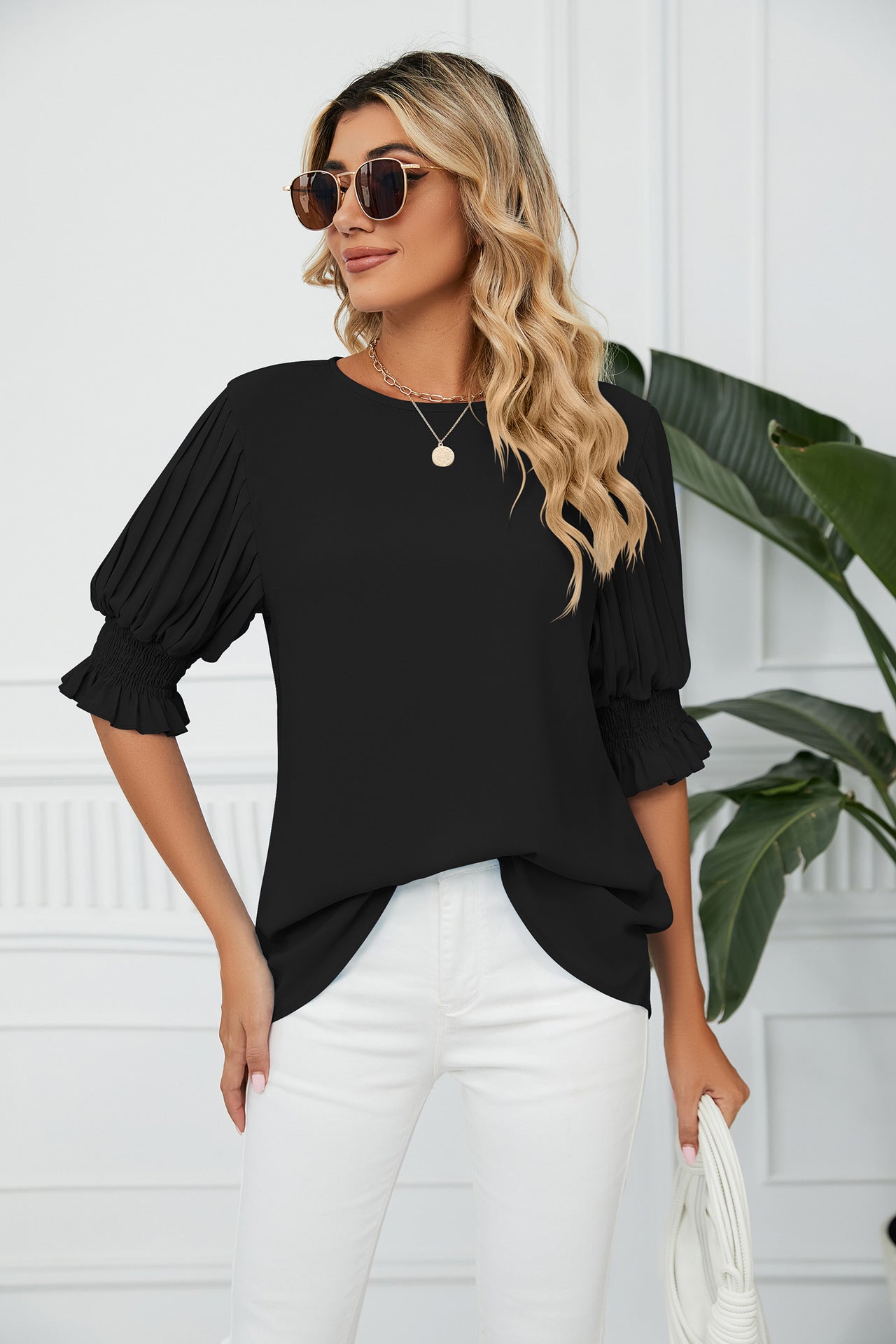 Solid Color round Neck Ruffled Princess Sleeves Loose Chiffon Blouses Women
