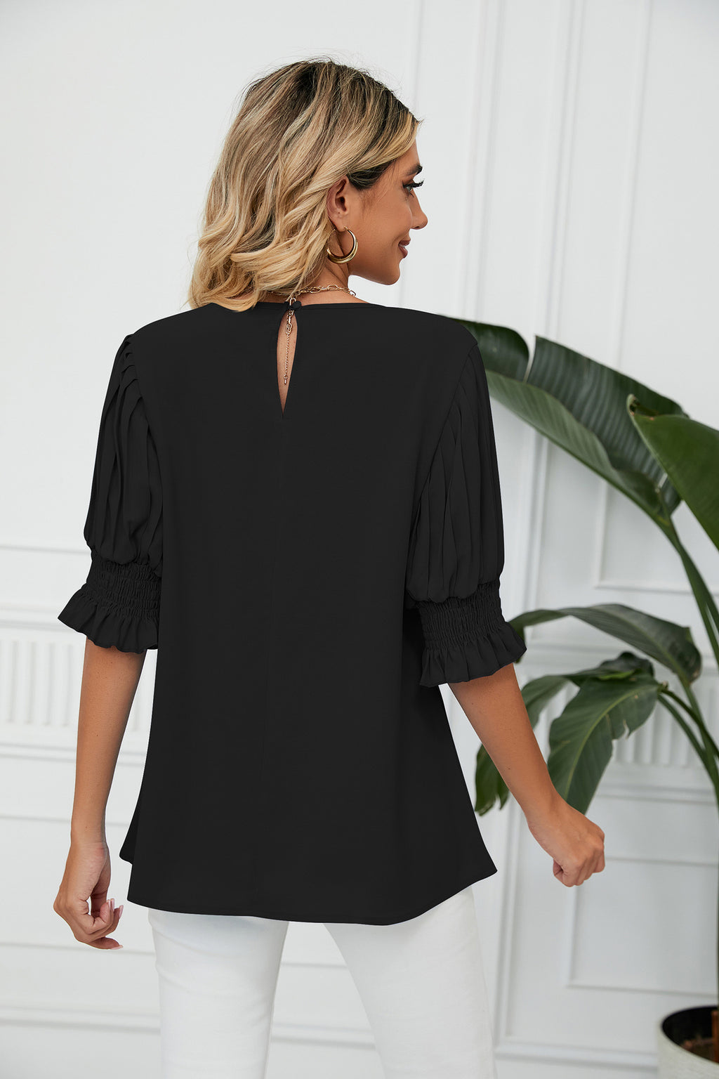 Solid Color round Neck Ruffled Princess Sleeves Loose Chiffon Blouses Women