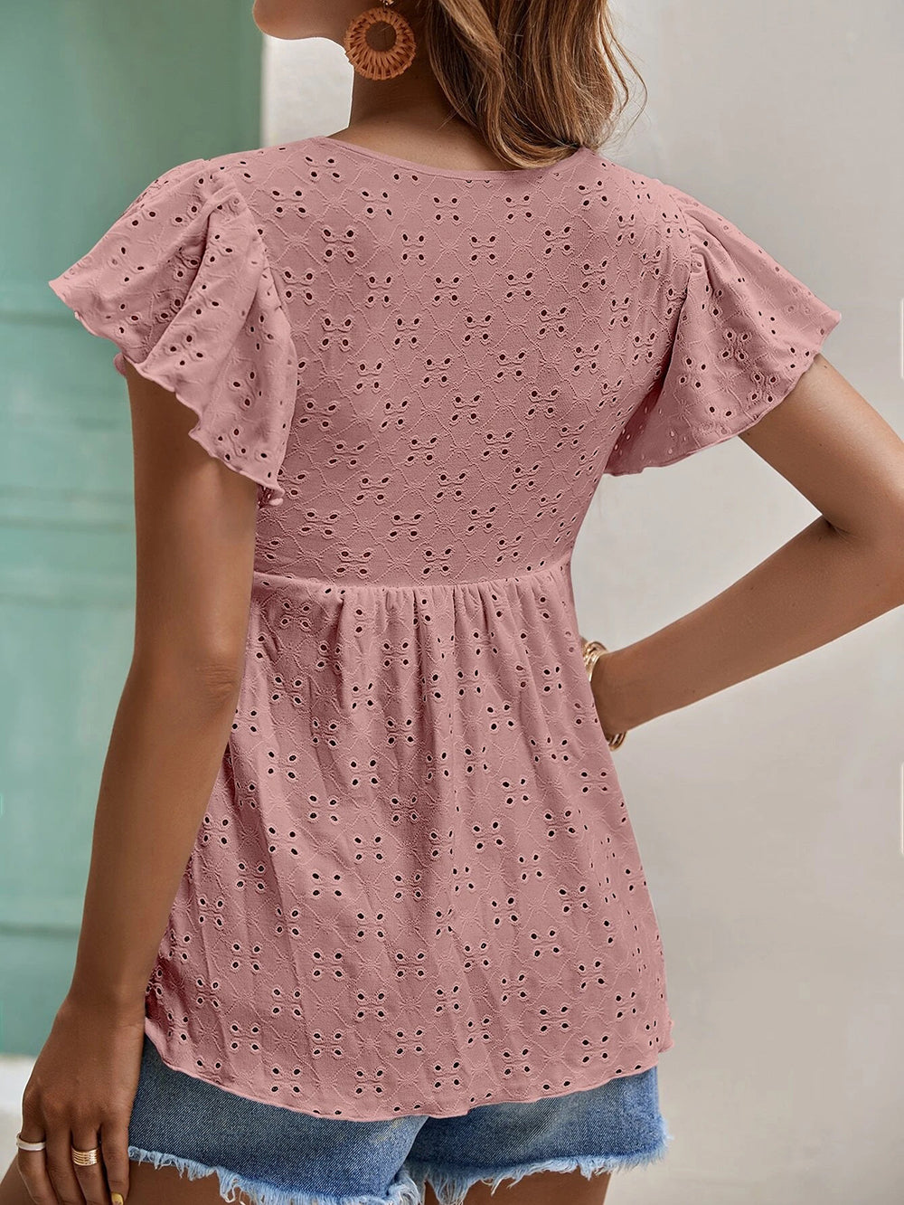 Women Clothing Spring Summer Women Solid Color Jacquard Ruffle Sleeve Elegant T Shirt Top