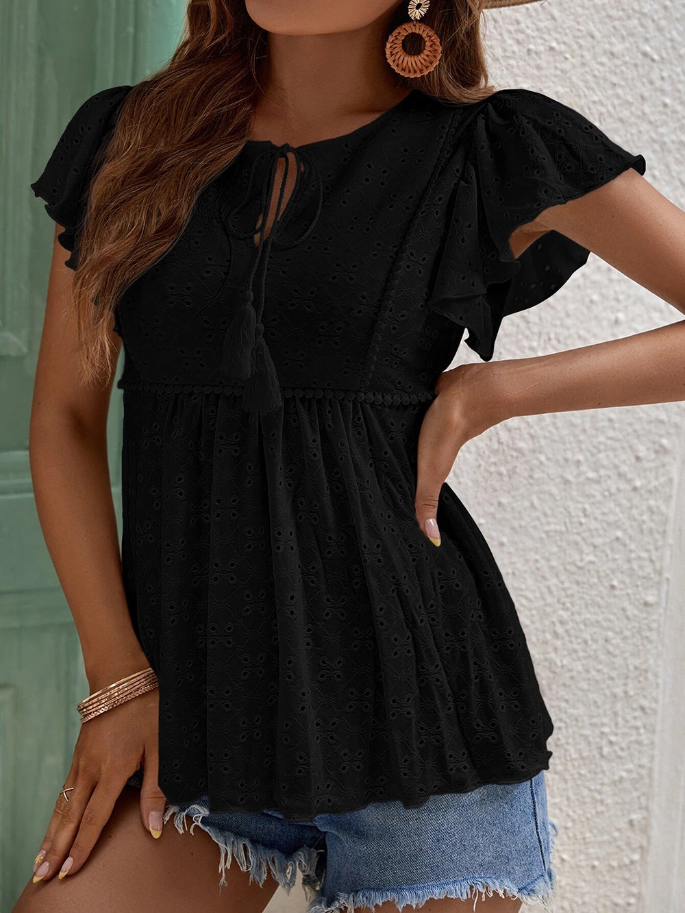Women Clothing Spring Summer Women Solid Color Jacquard Ruffle Sleeve Elegant T Shirt Top