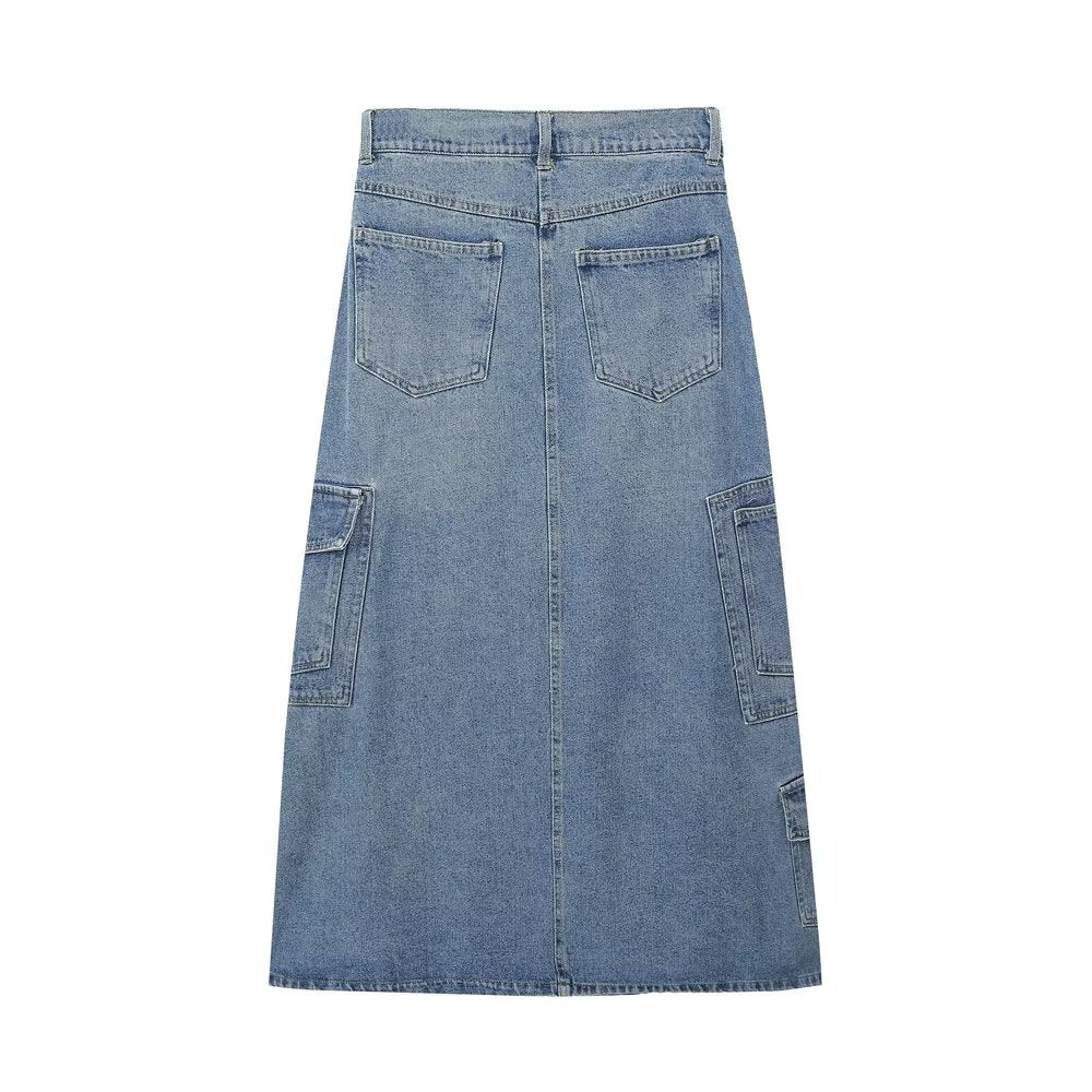 Personalized Street Skirt Spring High Waist Pocket Stitching Hem Loose Denim Skirt for Women