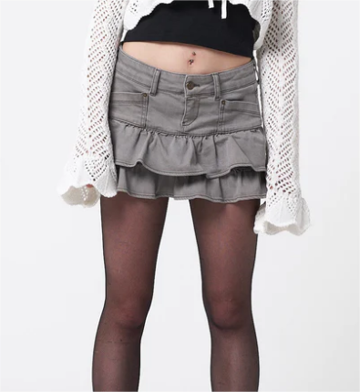 Summer Sexy High Waist Denim Skirt Retro Design Wooden Ear Puffy Cake A line Miniskirt