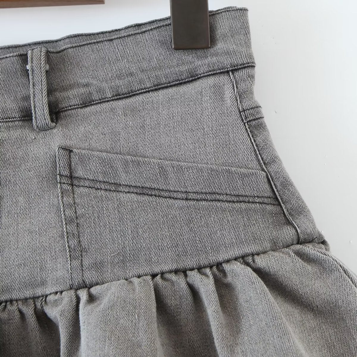 Summer Sexy High Waist Denim Skirt Retro Design Wooden Ear Puffy Cake A line Miniskirt