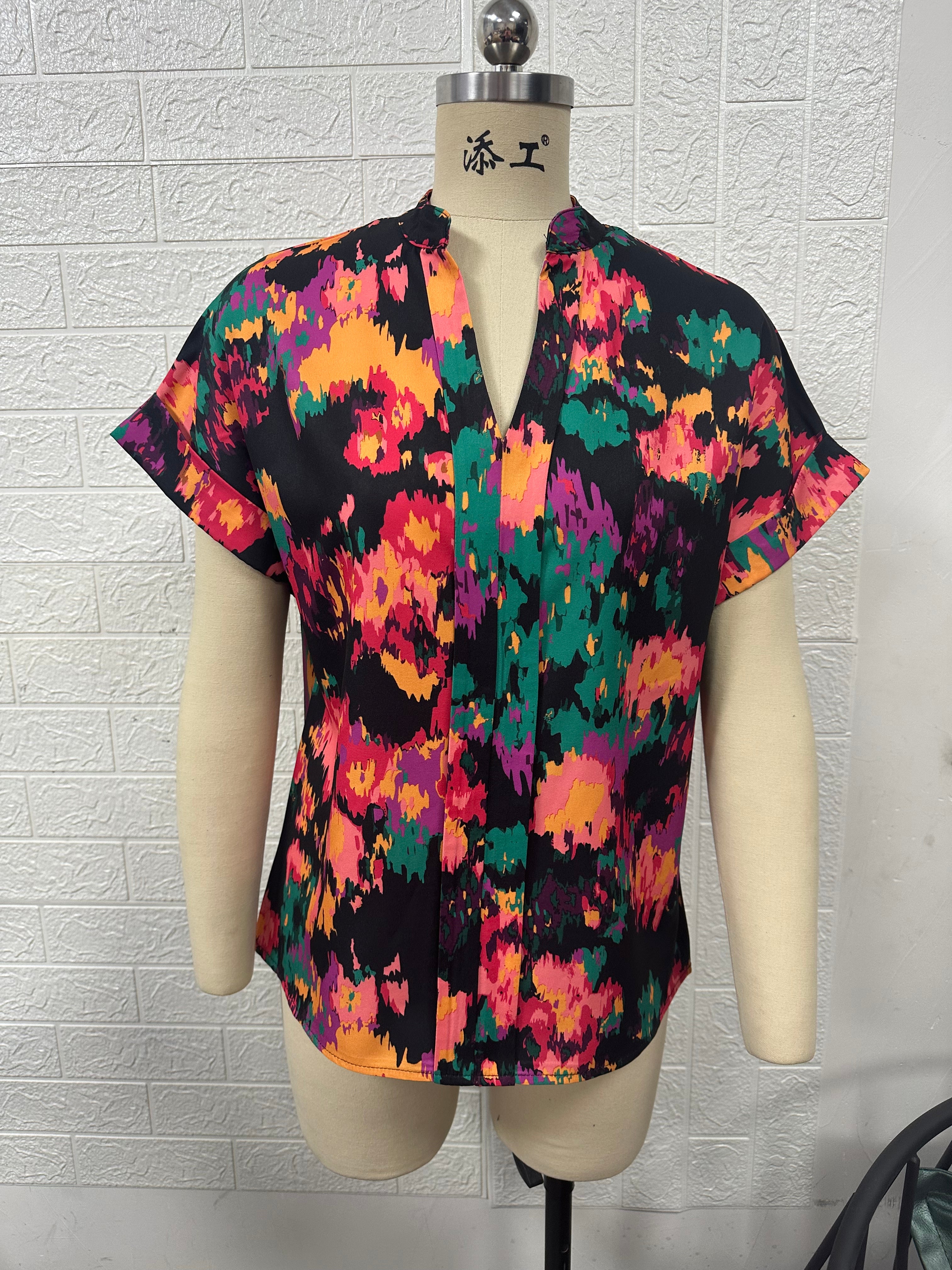 Women Clothing Summer Painted Color Printing V neck Short Sleeve Women Top