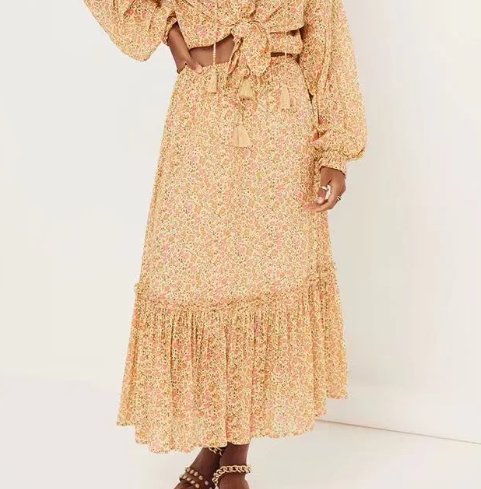 F00173600 Women Watermark Flower Tassel Elastic Waist Cake Skirt