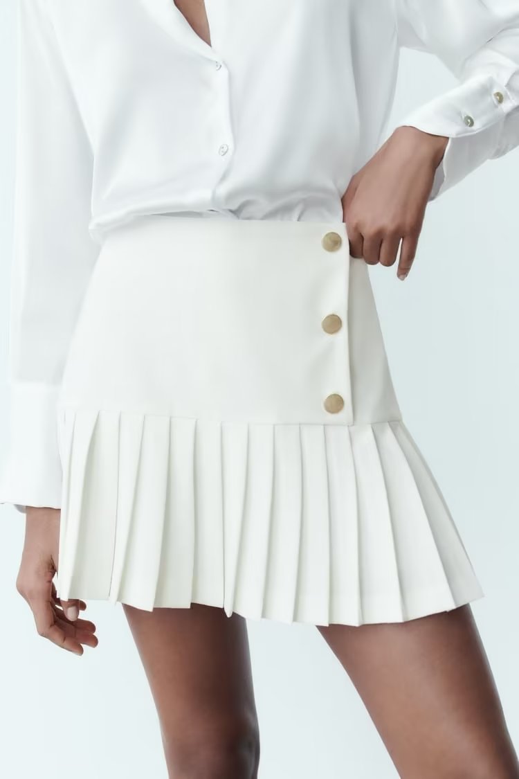 Spring Women Clothing High Waist Button Decoration Pleated Mini Skirt Women