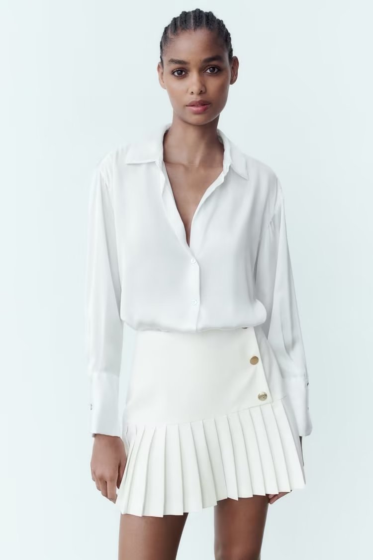 Spring Women Clothing High Waist Button Decoration Pleated Mini Skirt Women