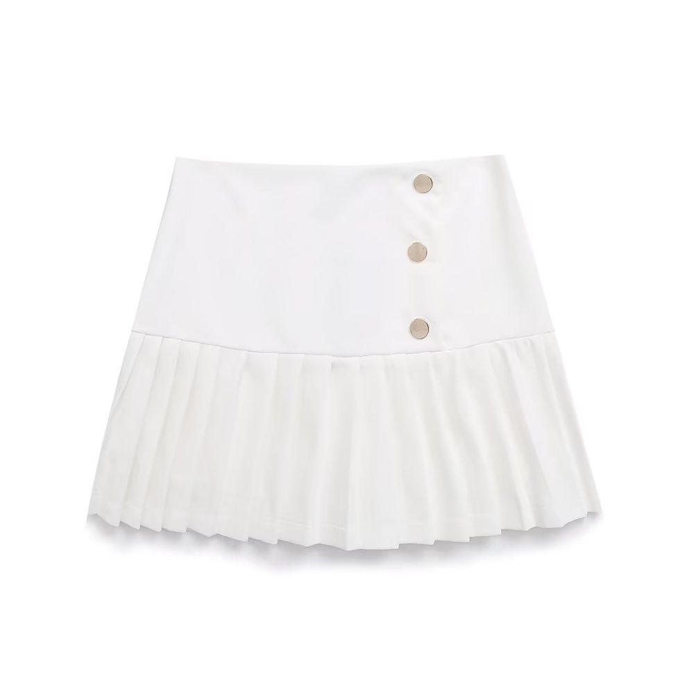 Spring Women Clothing High Waist Button Decoration Pleated Mini Skirt Women