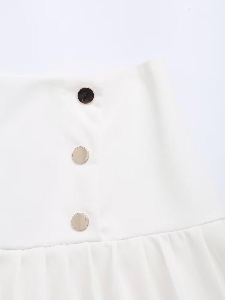 Spring Women Clothing High Waist Button Decoration Pleated Mini Skirt Women