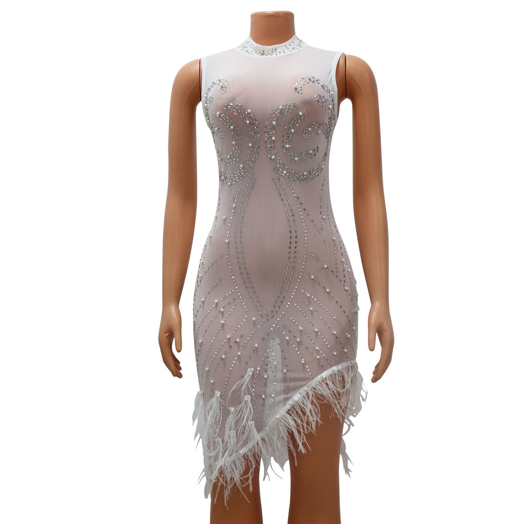 Summer Women Clothing Sexy Mesh Rhinestone Beaded See through Dress Women