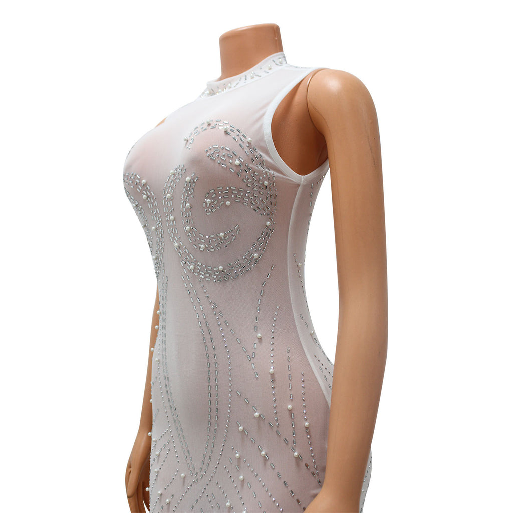 Summer Women Clothing Sexy Mesh Rhinestone Beaded See through Dress Women