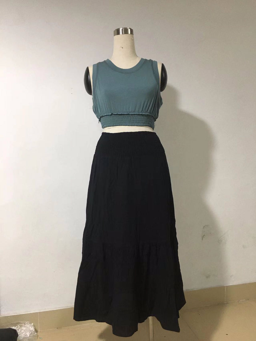 Spring Summer Solid Color Pleated Stitching Elastic High Waist Sheath Skirt