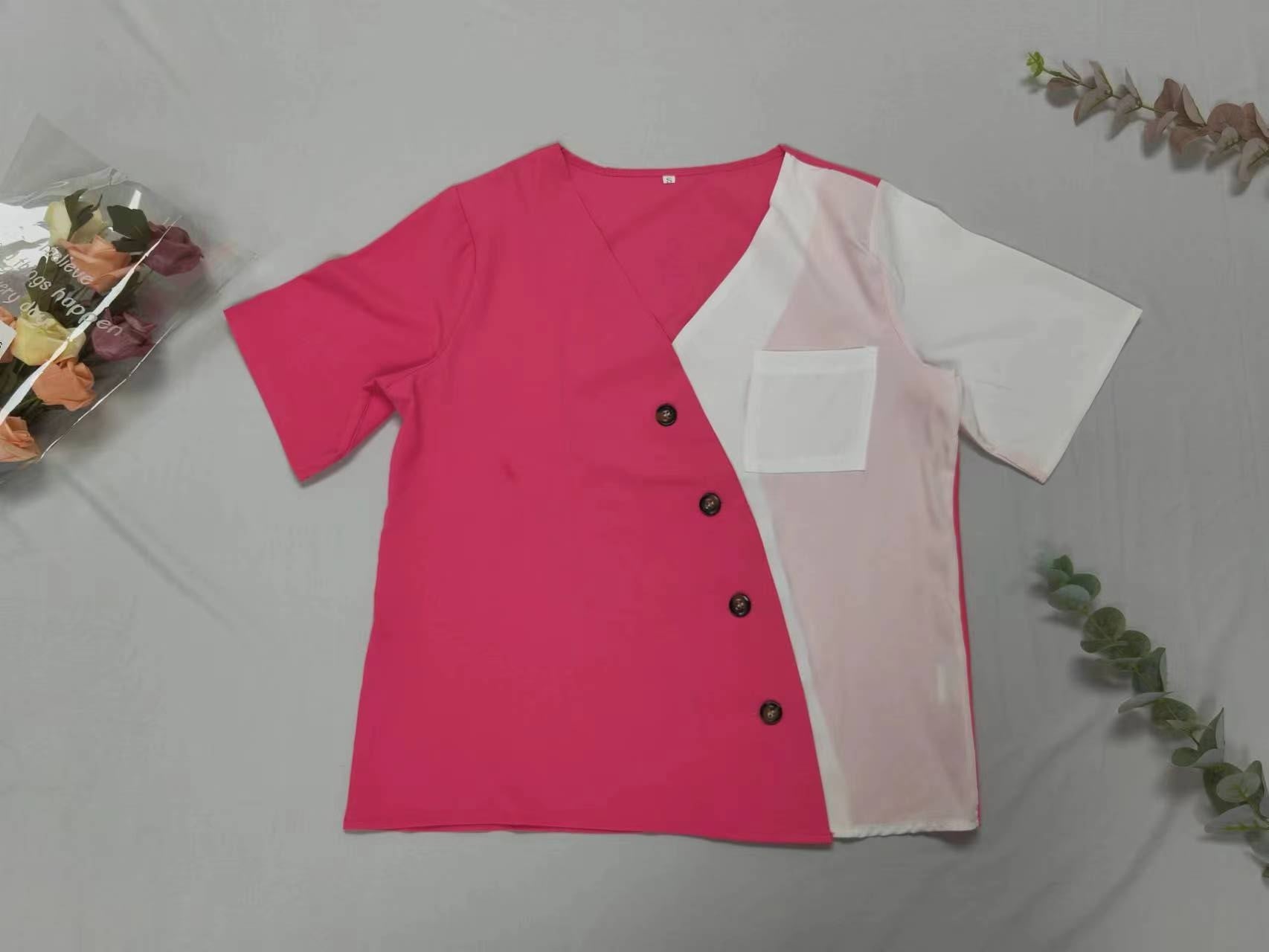 Summer Elegant V neck Color Block Short Sleeve Contrast Color Shirt Women Top