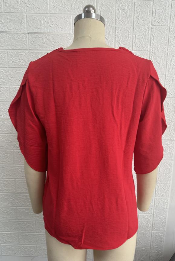 Women Clothing Summer Solid Color Lace V neck Flared Sleeves Loose Shirt Women Top