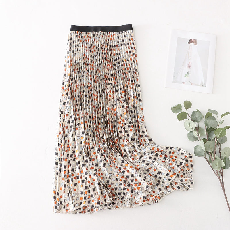 Summer Mesh Skirt Women Summer Pleated Skirt Large Swing Skirt Women Drape Printed Mid Length A line Skirt