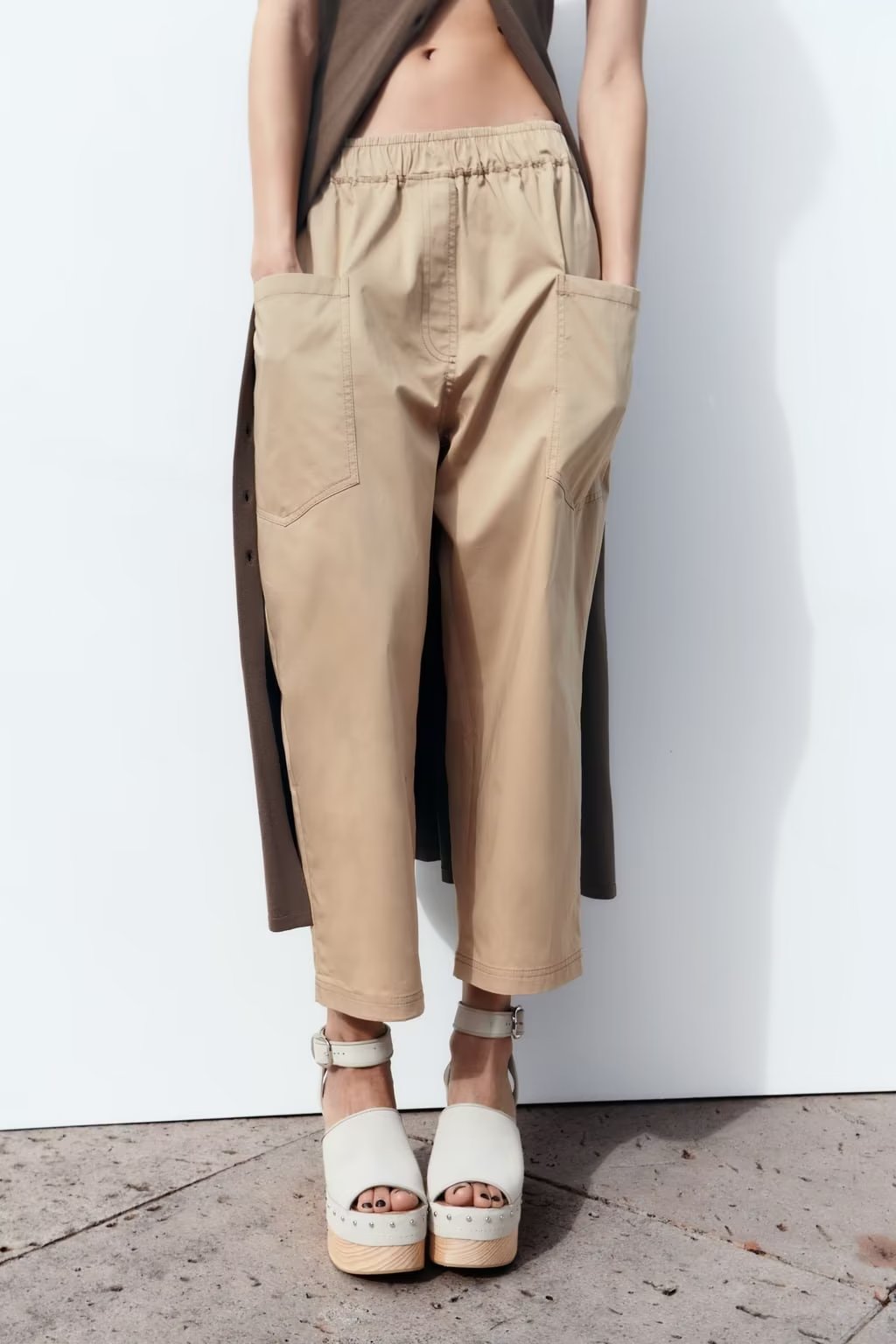Spring Women Urban Casual Pocket Poplin Wide Leg Pants