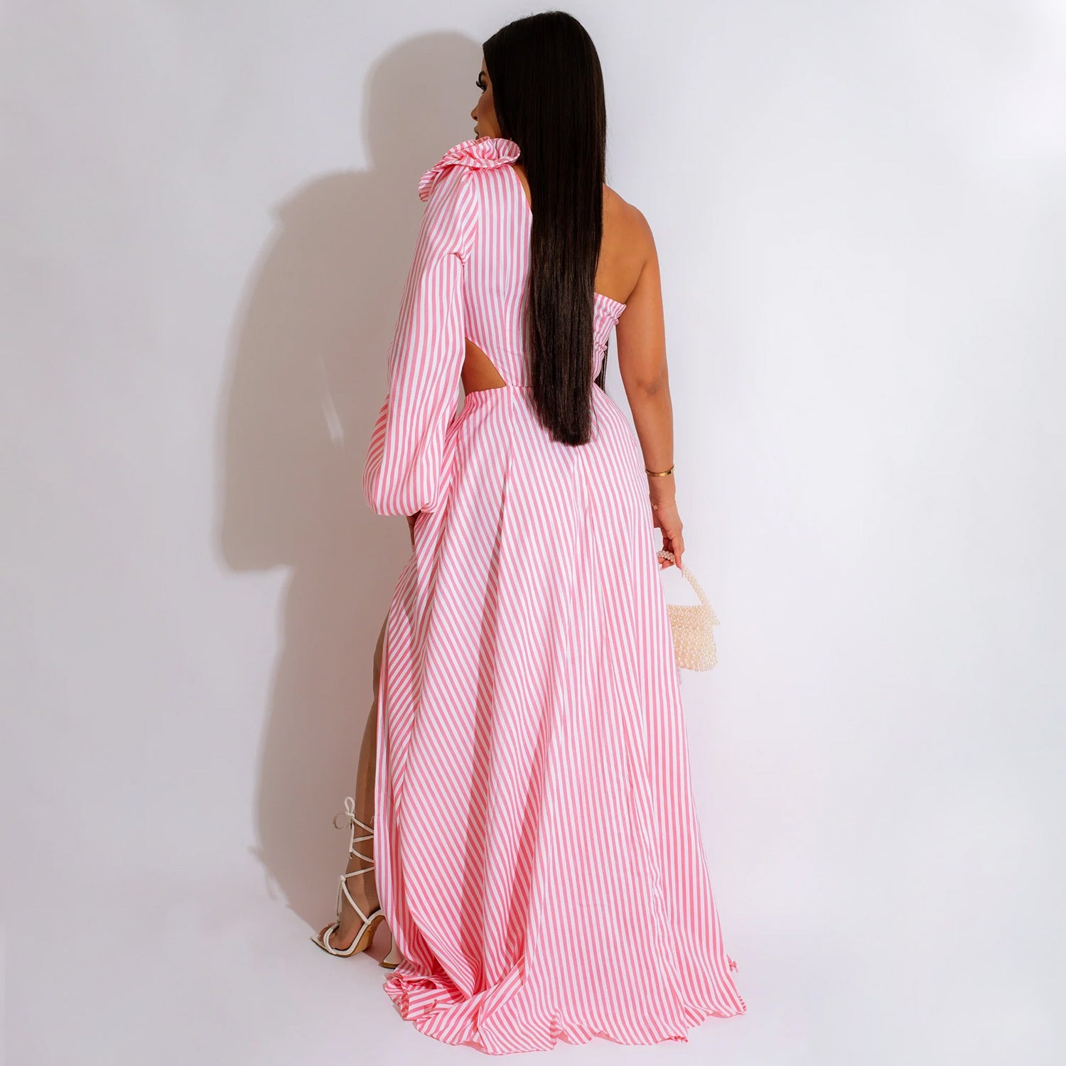 Summer Women Clothing Sexy Dress One-Shoulder Sleeve Striped Slit Dress 3D Decoration