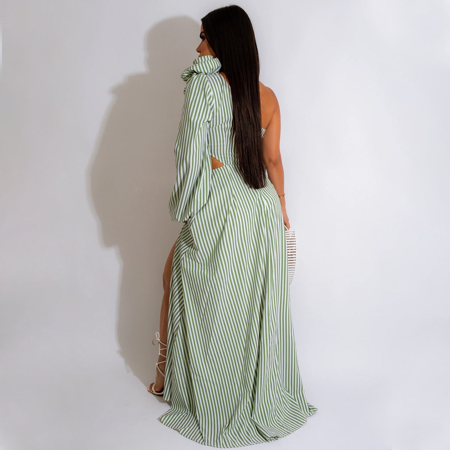 Summer Women Clothing Sexy Dress One-Shoulder Sleeve Striped Slit Dress 3D Decoration