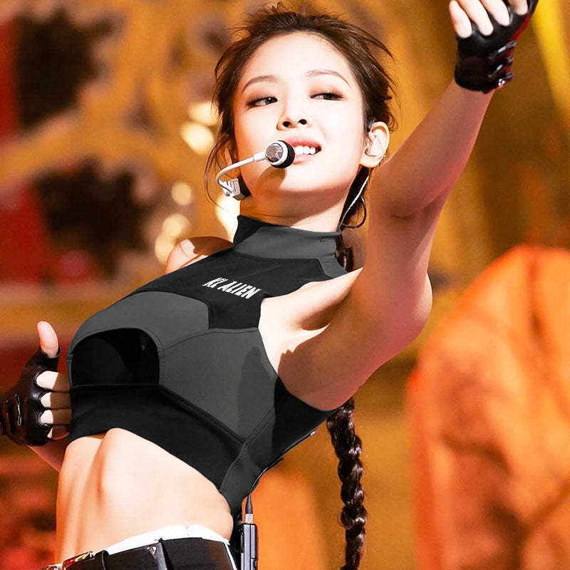 Spring Women Printed Stitching Sexy Hollow Out Cutout Sports Vest