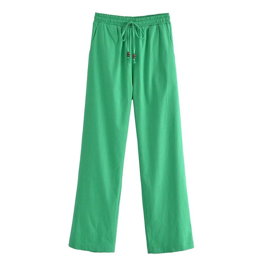 Spring Summer Women Straight Loose Casual Pants Stretch High Waist Linen Trousers