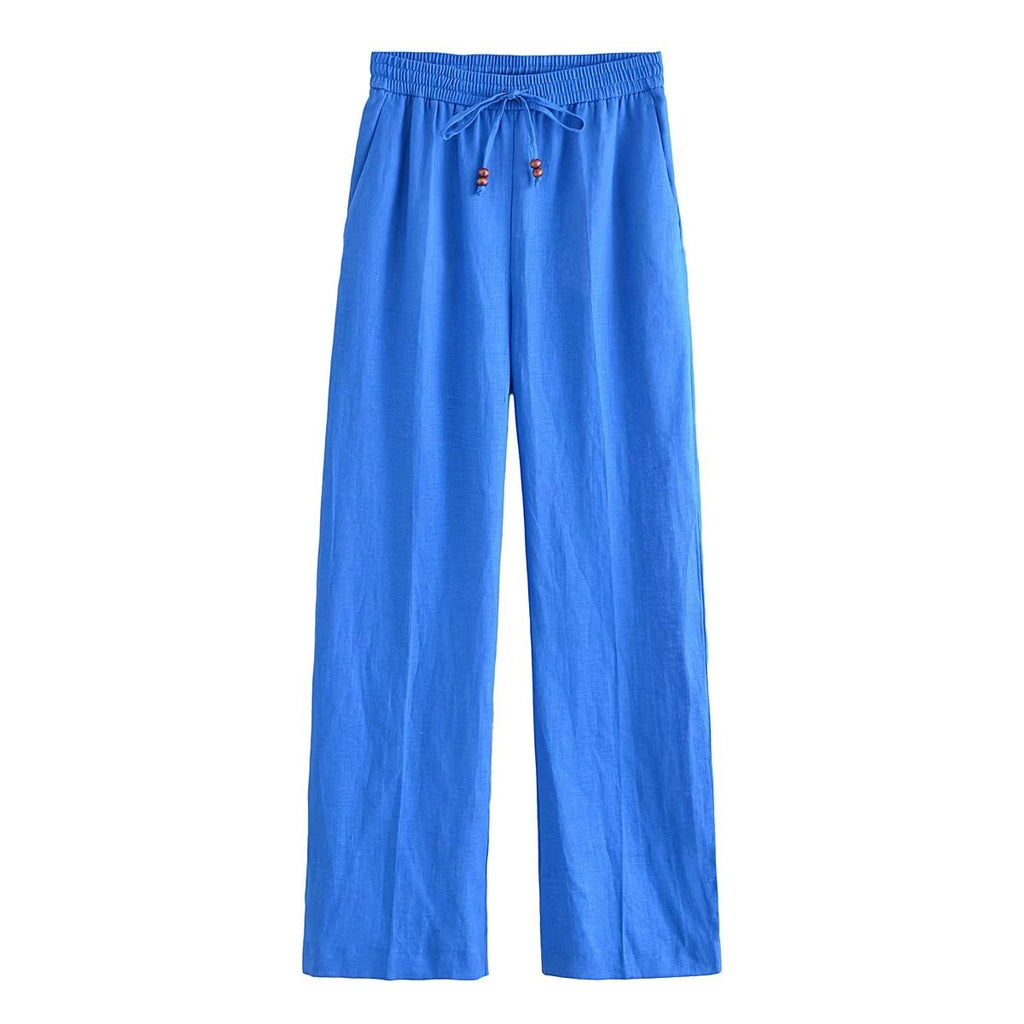 Spring Summer Women Straight Loose Casual Pants Stretch High Waist Linen Trousers