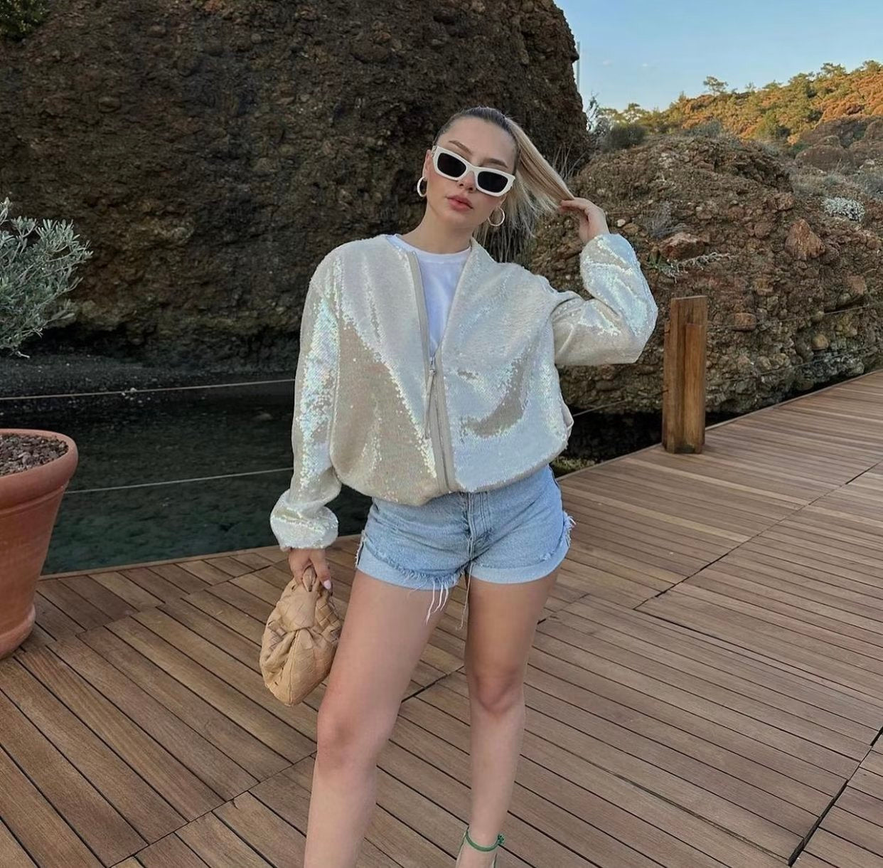 Round Neck Sequ Decorative Motorcycle Bomber Jacket Coat Top Women Varsity Jacket