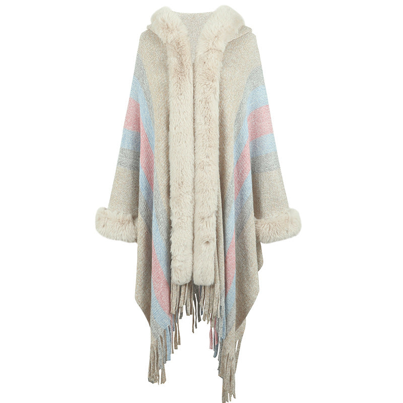 Hooded Cape for Women Autumn Winter Striped Knitted Tassel Shawl