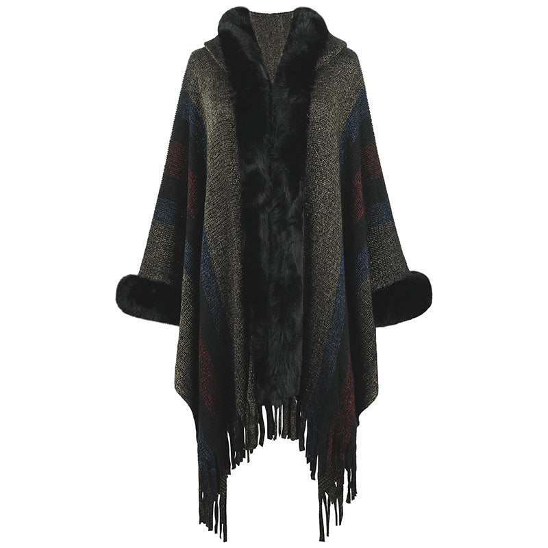 Hooded Cape for Women Autumn Winter Striped Knitted Tassel Shawl