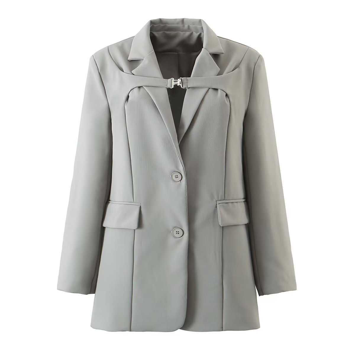 Blazer droit mi-long pour femme, taille S, style automne. Col à fermoir métallique.