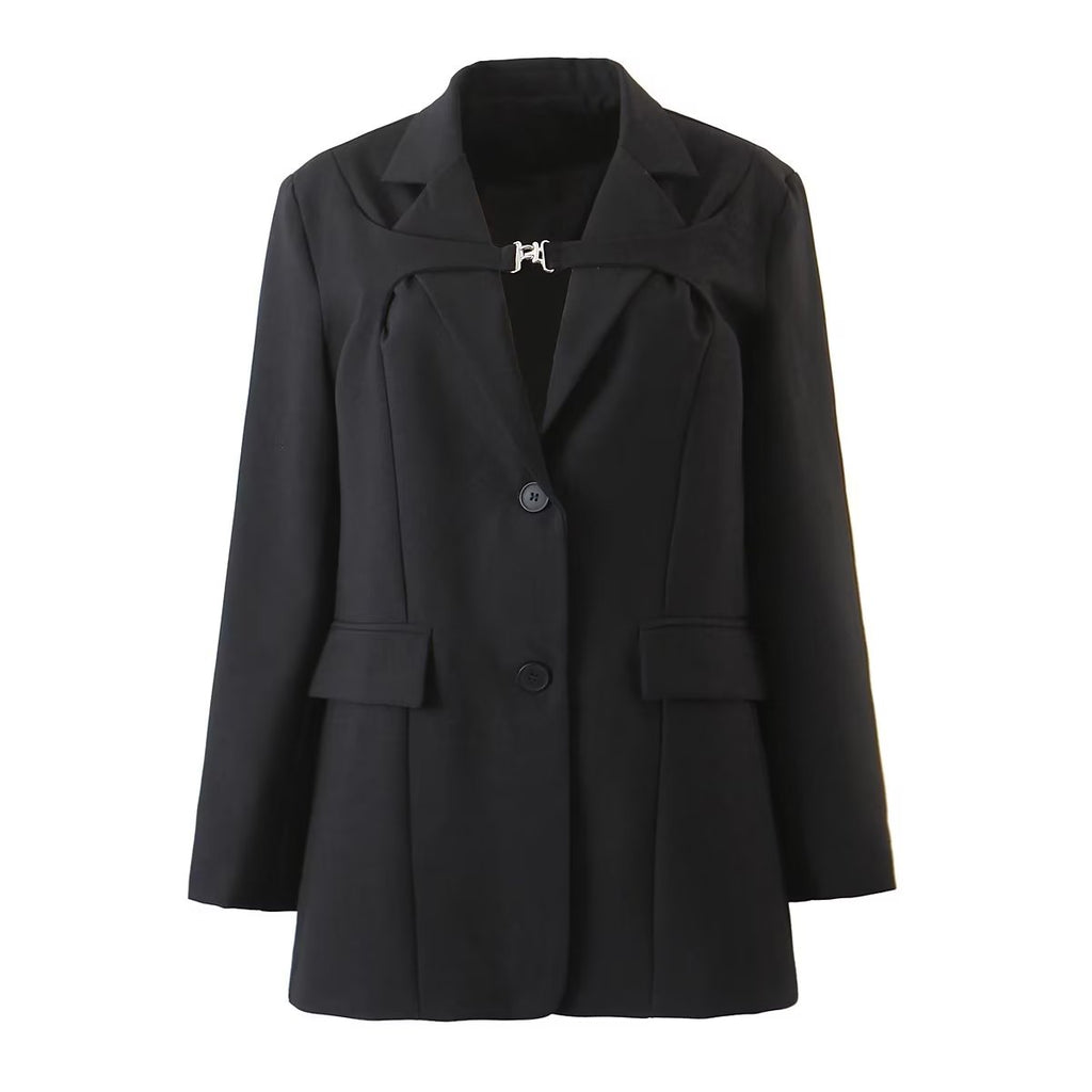 Blazer droit mi-long pour femme, taille S, style automne. Col à fermoir métallique.