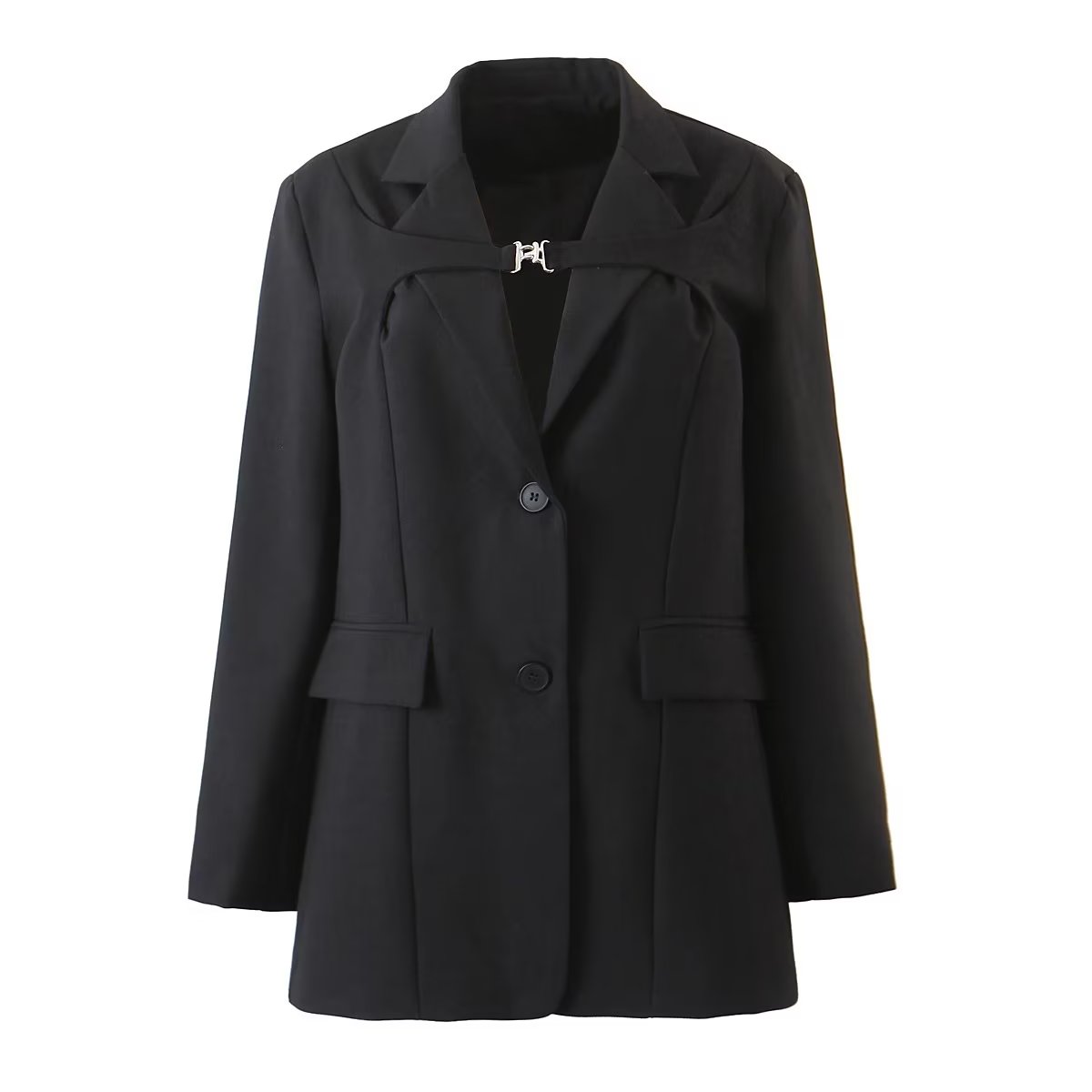 Blazer droit mi-long pour femme, taille S, style automne. Col à fermoir métallique.